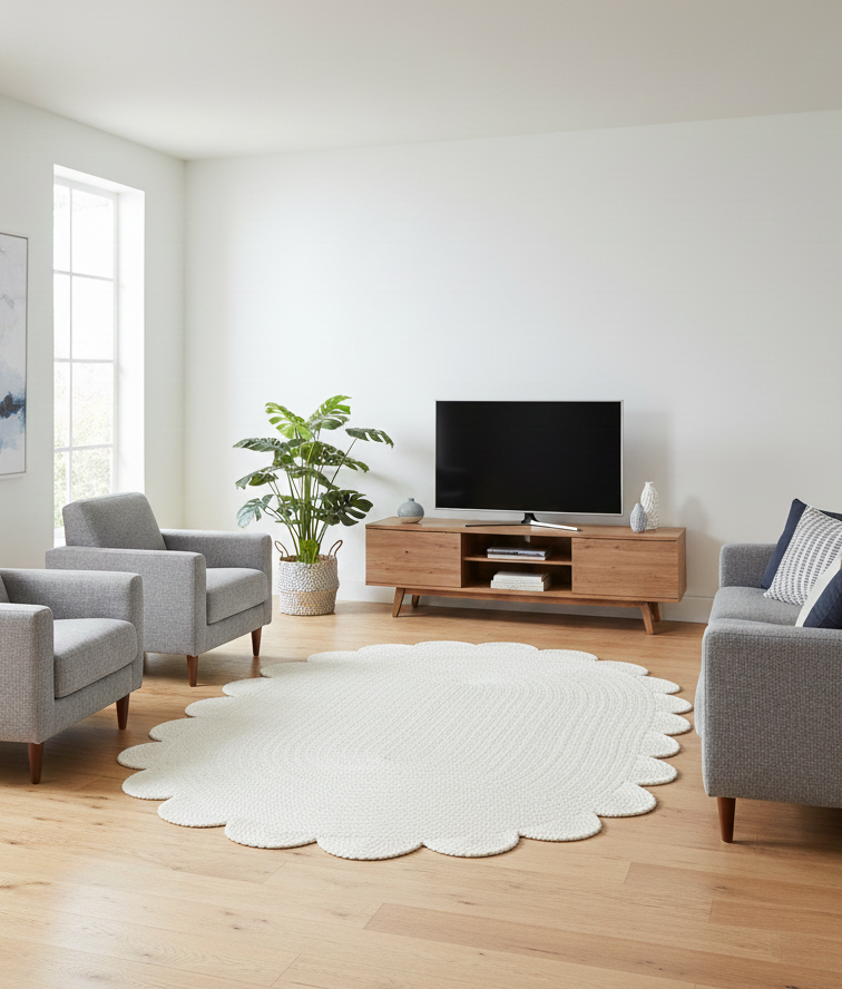Modern living room with a white round rug, gray armchairs, and a wooden TV stand.