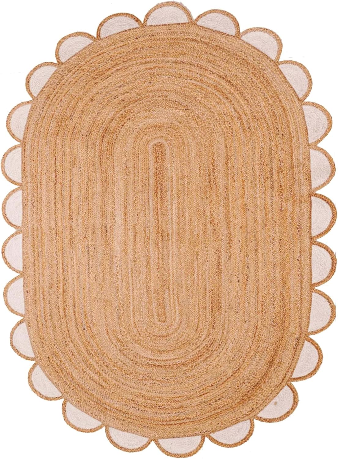 Natural jute oval rug with scalloped edge, eco-friendly, warm beige color, perfect for home decor.