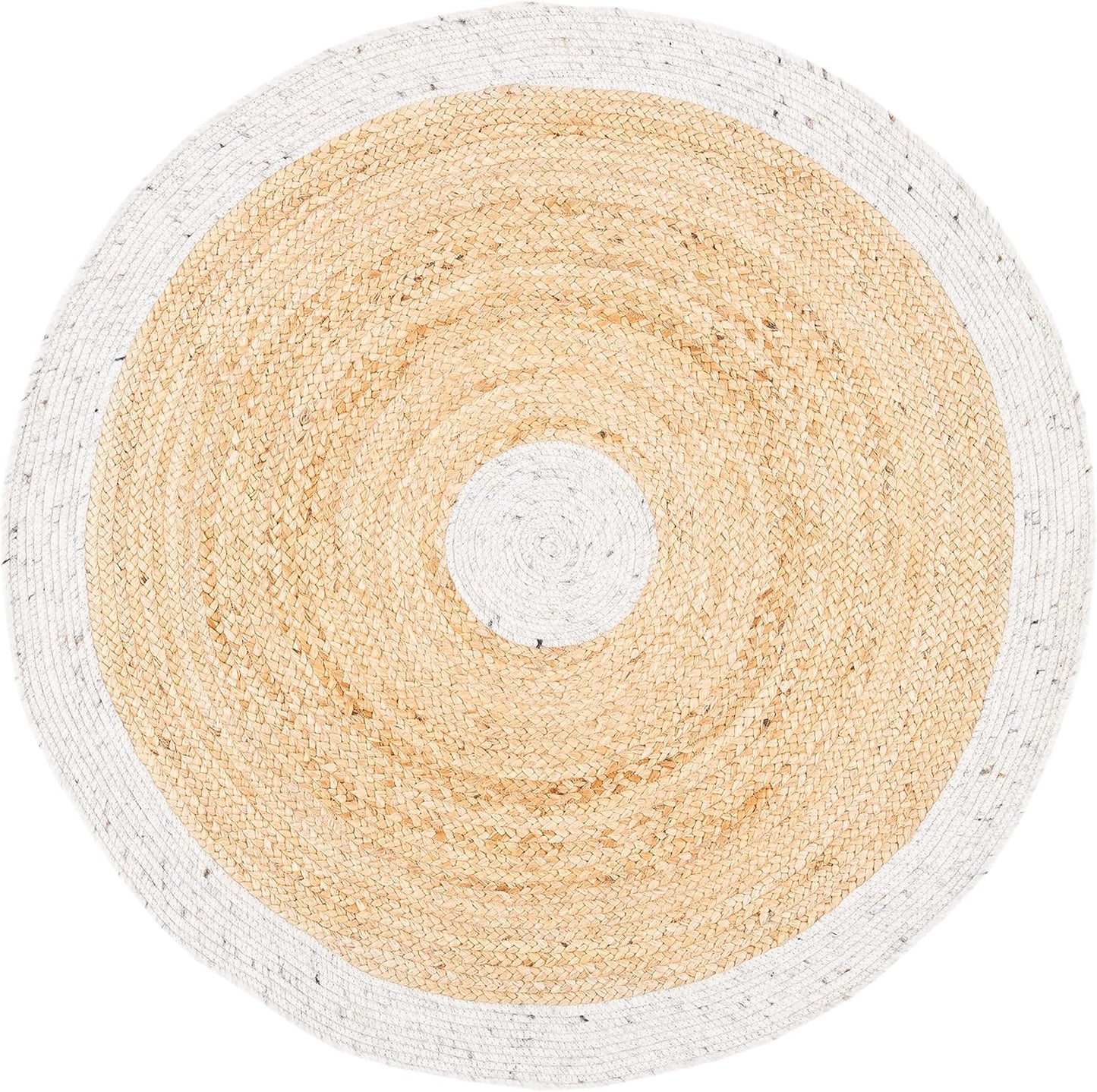 Round woven jute rug with natural beige and white color, perfect for enhancing home decor.