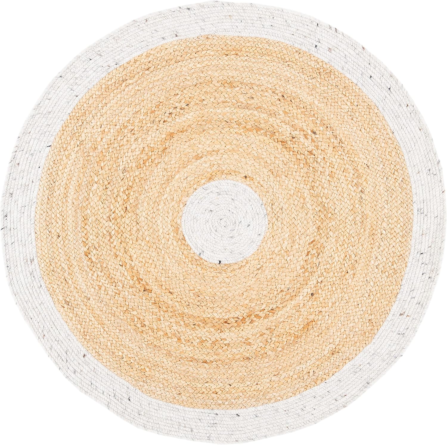Round woven jute rug with natural beige and white color, perfect for enhancing home decor.