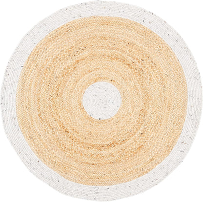 Round woven jute rug with natural beige and white color, perfect for enhancing home decor.