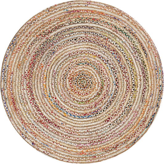 Round braided area rug in natural tones with multicolor accents, made of durable cotton for versatile home decor.