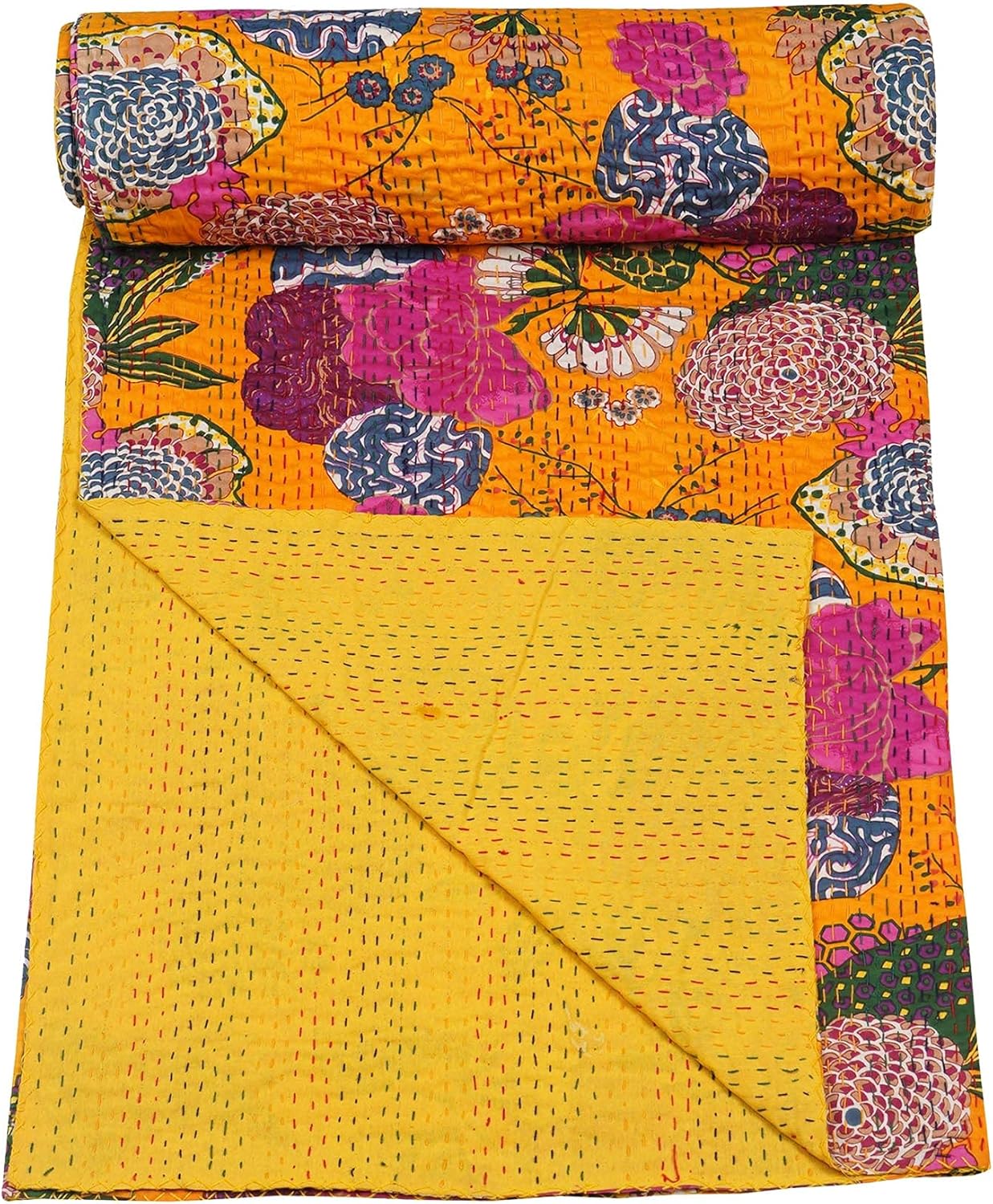 Yellow Kantha bedcover by [Vendor] with handmade floral pattern and boho vintage design.