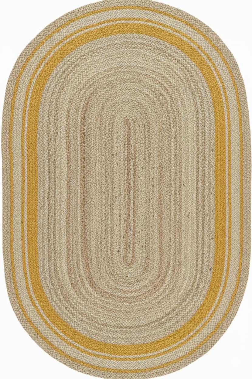 Oval-shaped braided rug with beige and yellow stripes on a white background