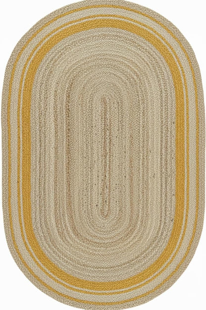 Oval-shaped braided rug with beige and yellow stripes on a white background