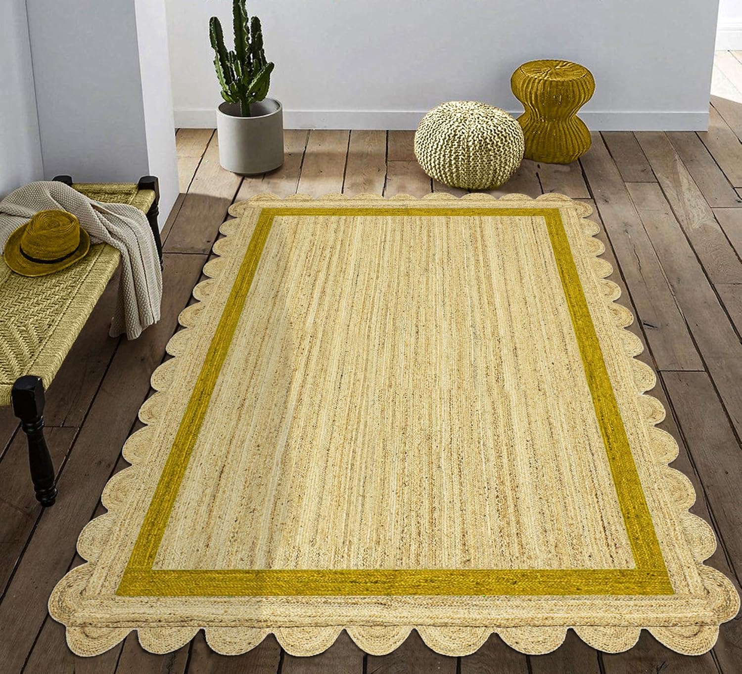 Natural Jute Area Rug with a scalloped edge in warm beige, perfect for enhancing any living space or entryway.
