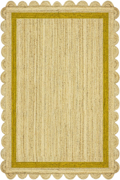 Natural Jute Area Rug with a scalloped edge and earthy tones, perfect for adding warmth to any living space.