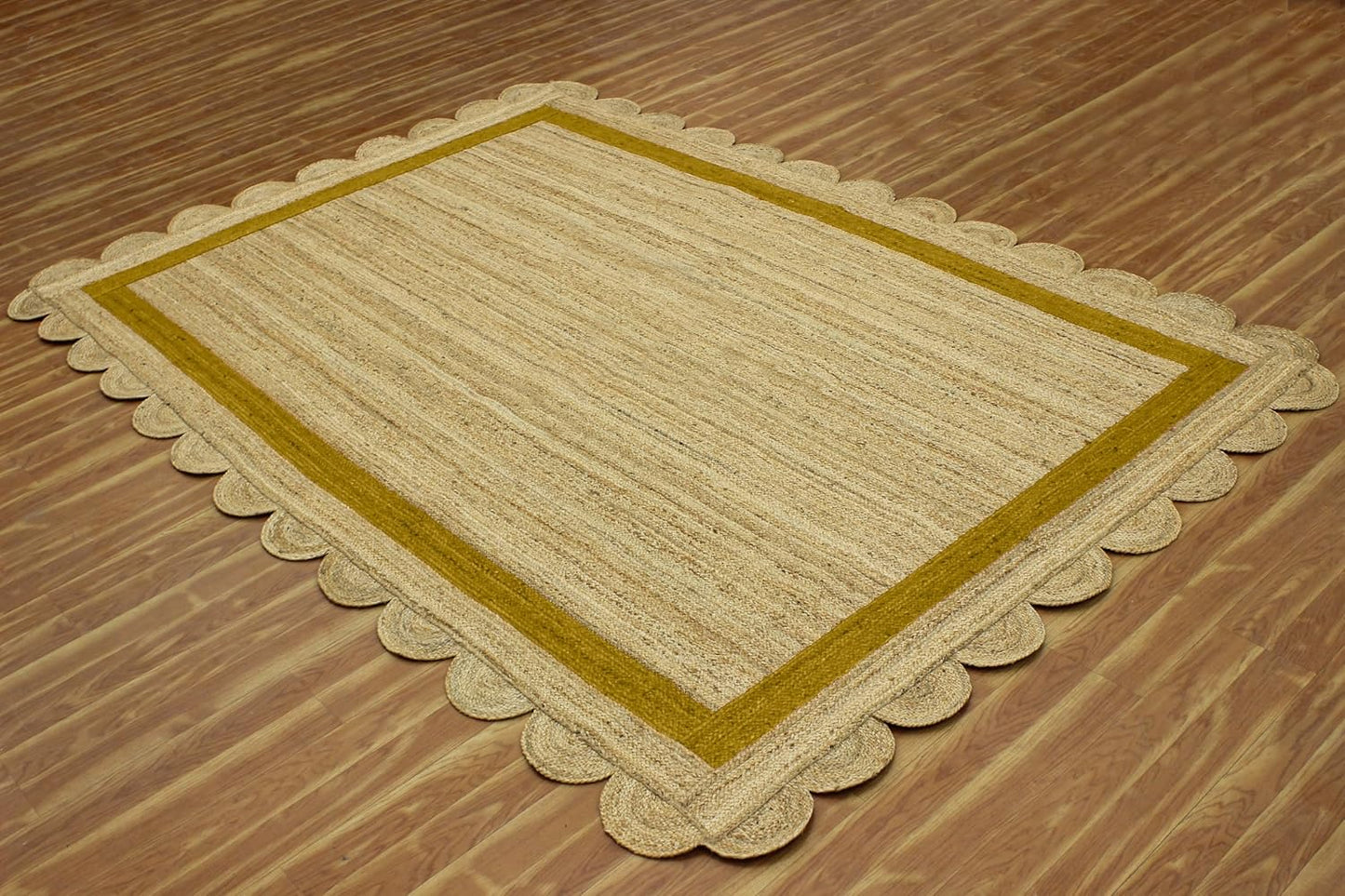 Natural Jute Area Rug with a scalloped edge in earthy tones—perfect for adding texture to any living space.
