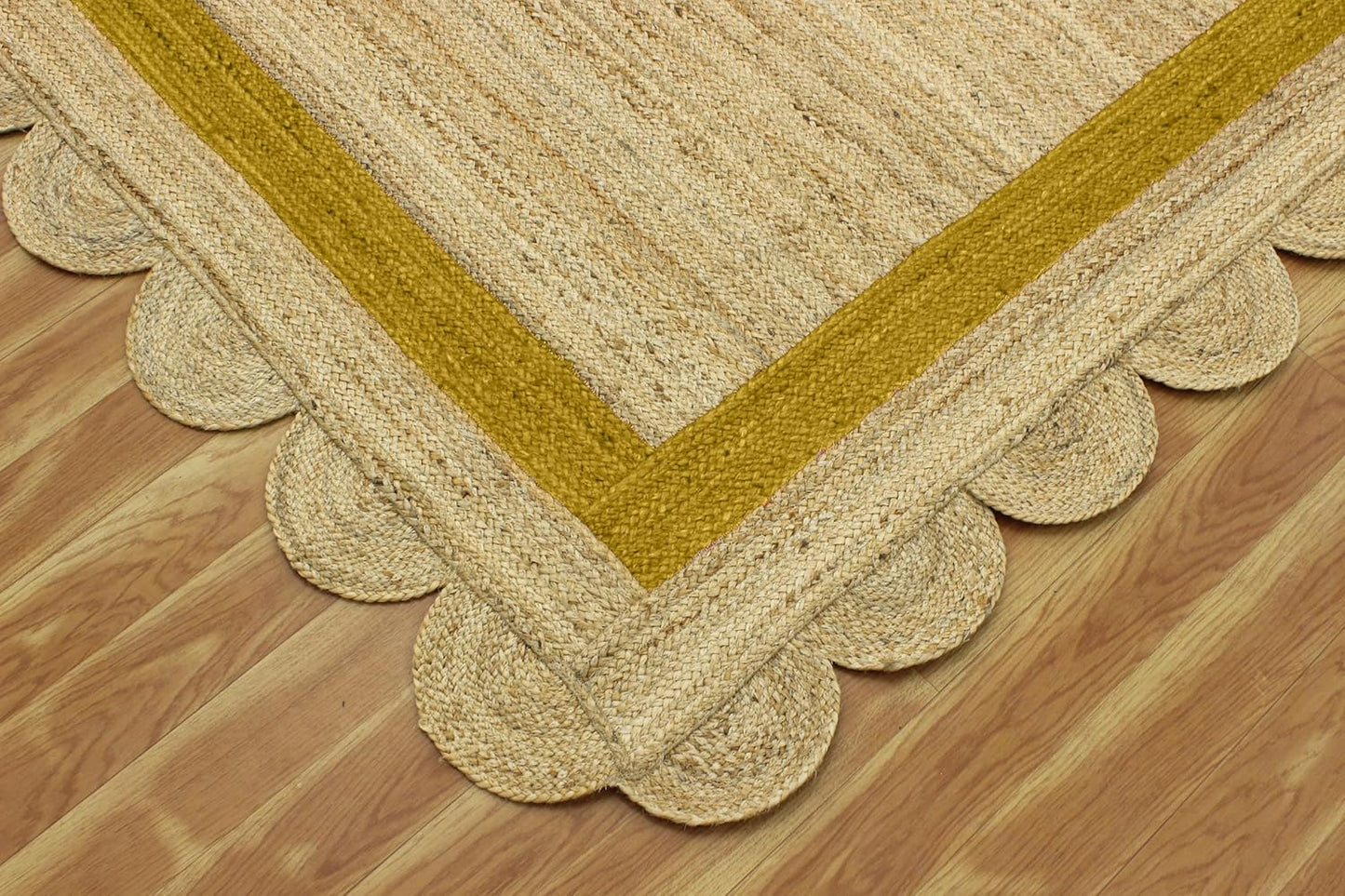 Natural Jute Area Rug with scalloped edges in a warm beige hue — perfect for adding texture to any living space.