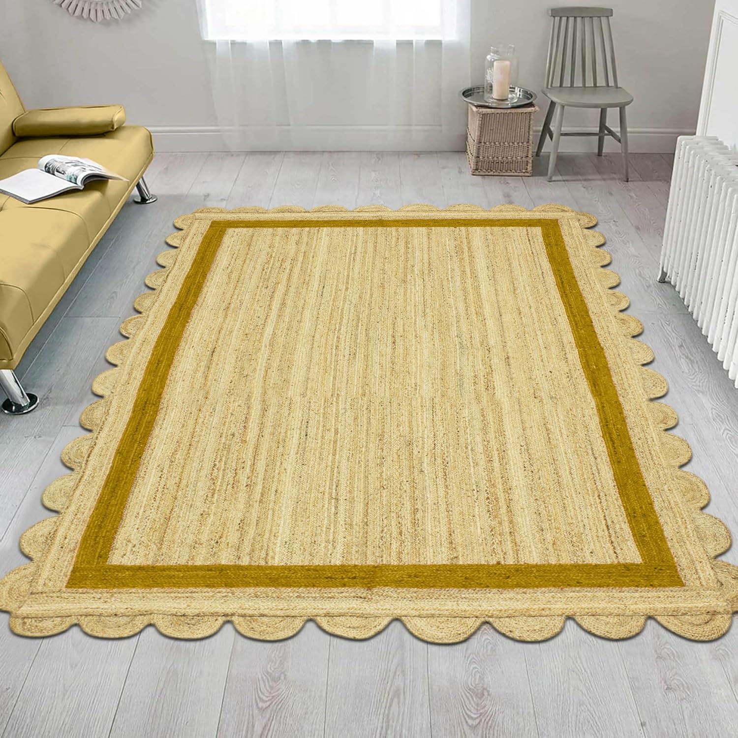 Natural Jute Area Rug with scalloped edges in a warm beige tone — perfect for adding texture to any living space.
