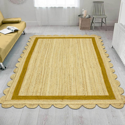 Natural Jute Area Rug with scalloped edges in a warm beige tone — perfect for adding texture to any living space.